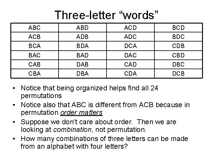 Three-letter “words” ABC ABD ACD BCD ACB ADC BDC BCA BDA DCA CDB BAC