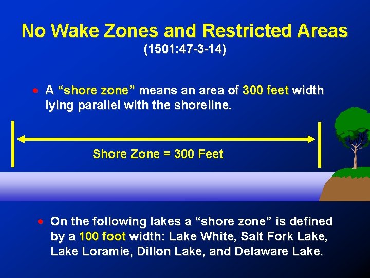 No Wake Zones and Restricted Areas (1501: 47 -3 -14) ! A “shore zone”