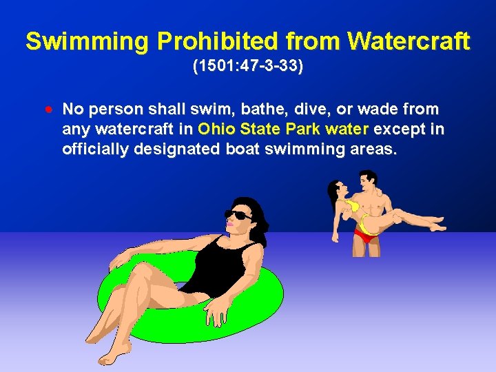 Swimming Prohibited from Watercraft (1501: 47 -3 -33) ! No person shall swim, bathe,