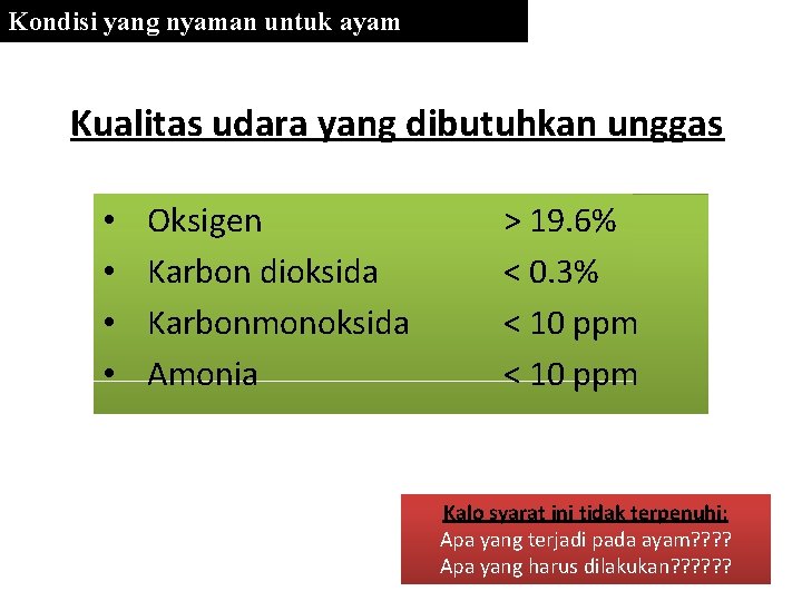 Kondisi yang nyaman untuk ayam Kualitas udara yang dibutuhkan unggas • • Oksigen Karbon