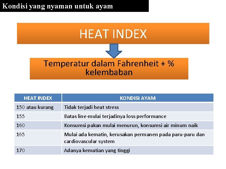 Kondisi yang nyaman untuk ayam HEAT INDEX Temperatur dalam Fahrenheit + % kelembaban HEAT