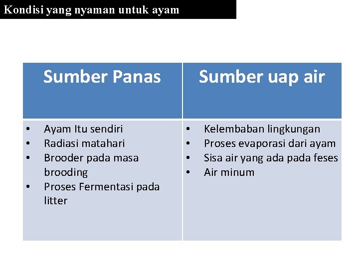 Kondisi yang nyaman untuk ayam Sumber Panas • • Ayam Itu sendiri Radiasi matahari