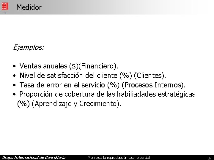 Medidor Ejemplos: • • Ventas anuales ($)(Financiero). Nivel de satisfacción del cliente (%) (Clientes).