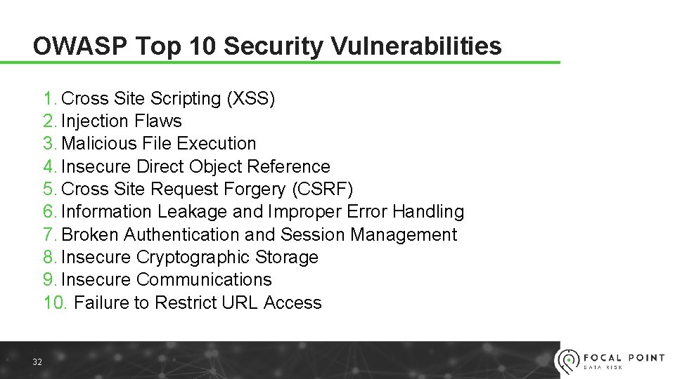 OWASP Top 10 Security Vulnerabilities 1. Cross Site Scripting (XSS) 2. Injection Flaws 3.