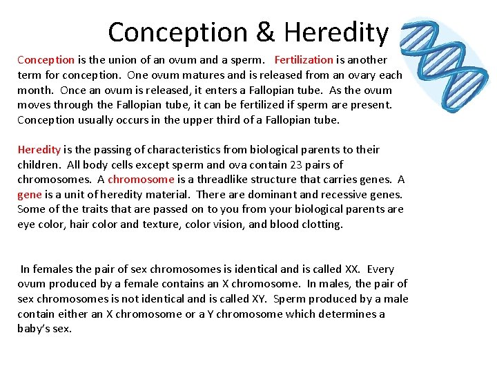 Conception & Heredity Conception is the union of an ovum and a sperm. Fertilization