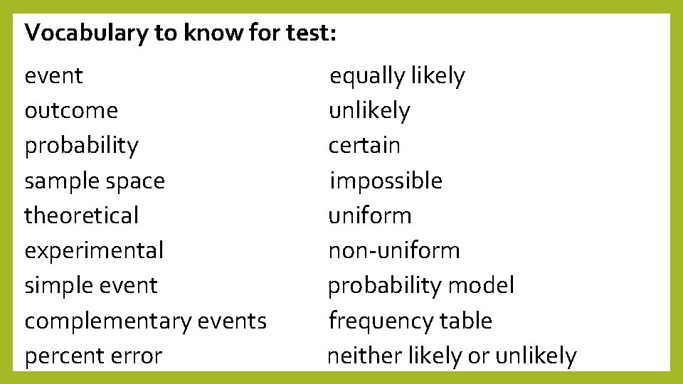 Vocabulary to know for test: event equally likely outcome unlikely probability certain sample space