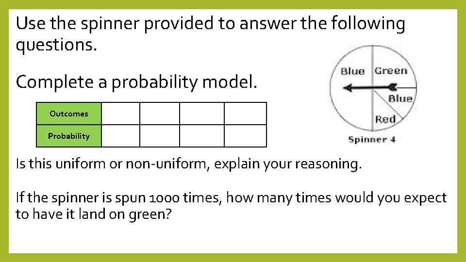 Use the spinner provided to answer the following questions. Complete a probability model. Outcomes