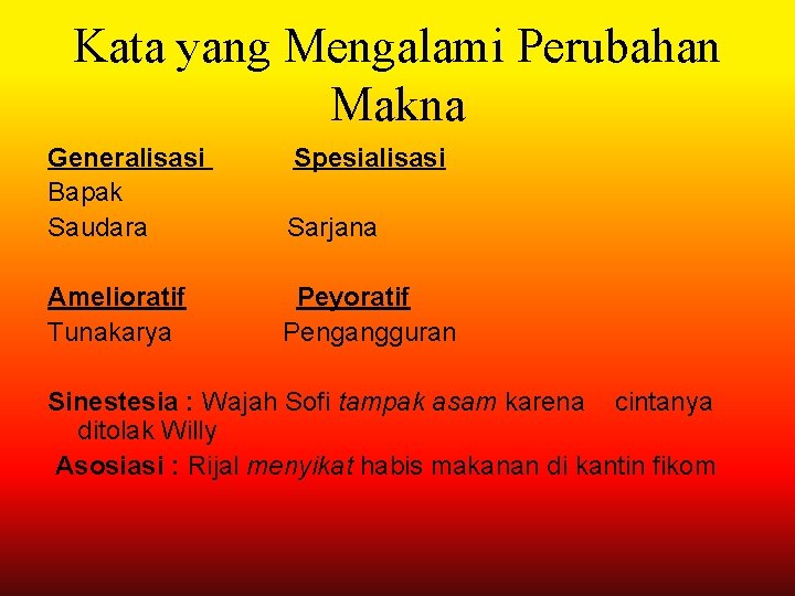 Kata yang Mengalami Perubahan Makna Generalisasi Spesialisasi Bapak Saudara Sarjana Amelioratif Peyoratif Tunakarya Pengangguran