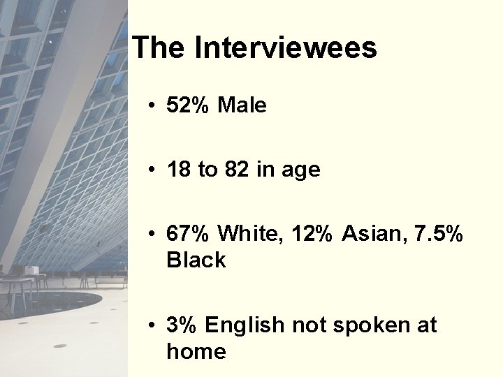 The Interviewees • 52% Male • 18 to 82 in age • 67% White,