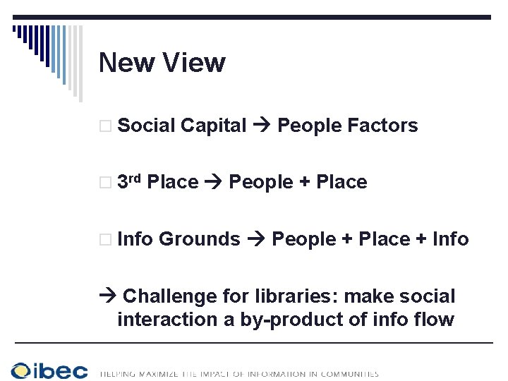 New View o Social Capital People Factors o 3 rd Place People + Place