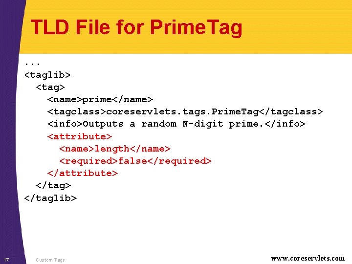 TLD File for Prime. Tag. . . <taglib> <tag> <name>prime</name> <tagclass>coreservlets. tags. Prime. Tag</tagclass>