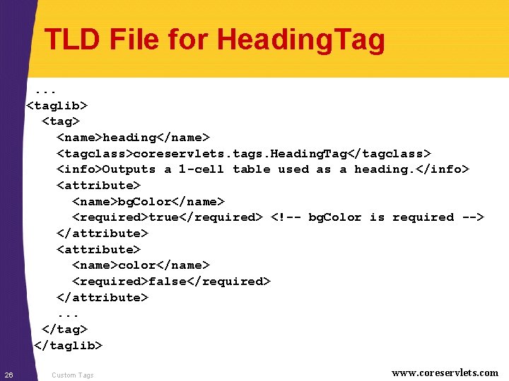 TLD File for Heading. Tag. . . <taglib> <tag> <name>heading</name> <tagclass>coreservlets. tags. Heading. Tag</tagclass>