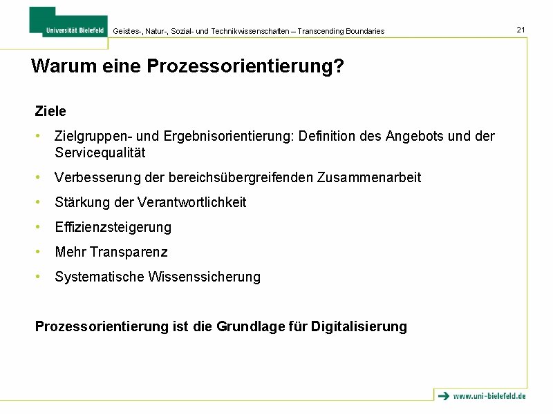 Geistes-, Natur-, Sozial- und Technikwissenschaften – Transcending Boundaries Warum eine Prozessorientierung? Ziele • Zielgruppen-