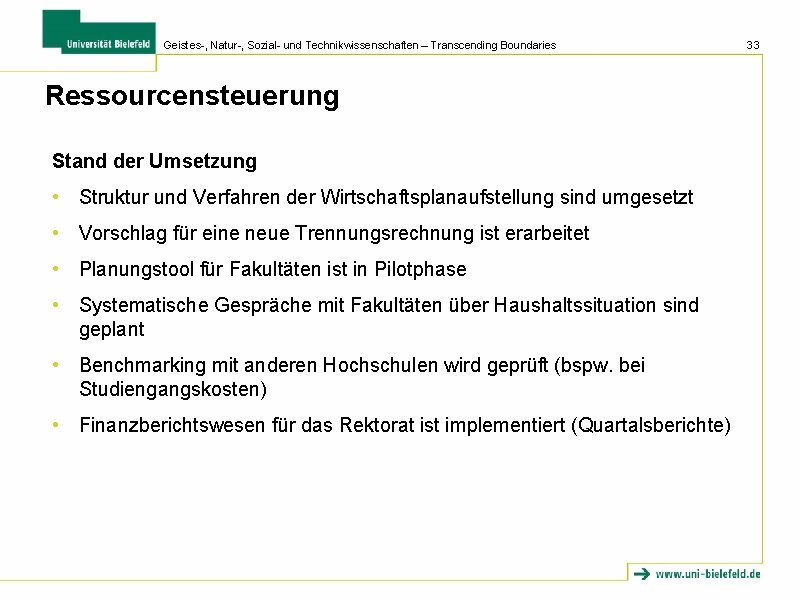 Geistes-, Natur-, Sozial- und Technikwissenschaften – Transcending Boundaries Ressourcensteuerung Stand der Umsetzung • Struktur