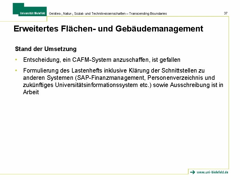 Geistes-, Natur-, Sozial- und Technikwissenschaften – Transcending Boundaries Erweitertes Flächen- und Gebäudemanagement Stand der