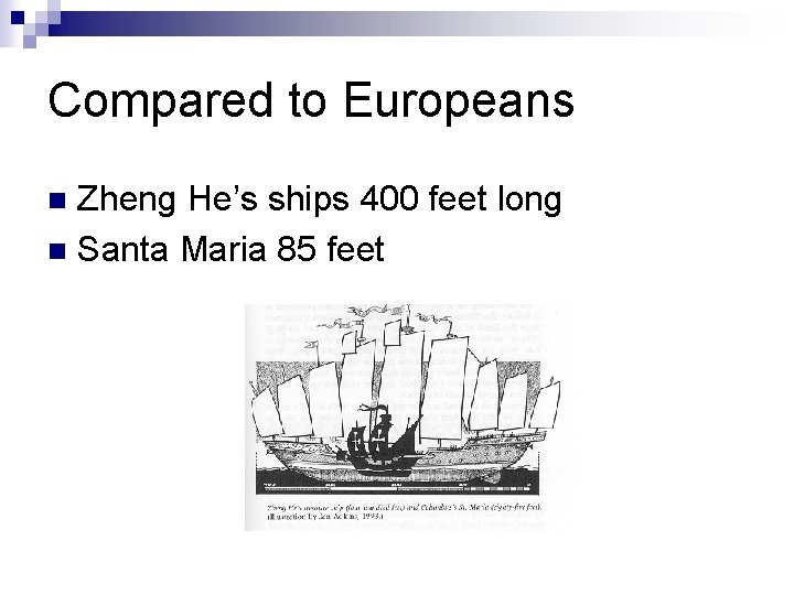 Compared to Europeans Zheng He’s ships 400 feet long n Santa Maria 85 feet
