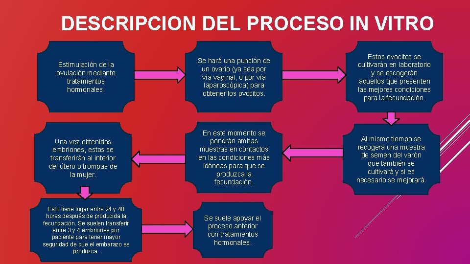 DESCRIPCION DEL PROCESO IN VITRO Estimulación de la ovulación mediante tratamientos hormonales. Se hará