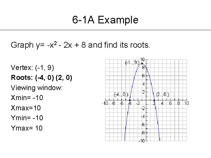 6 -1 A Example Graph y= -x 2 - 2 x + 8 and