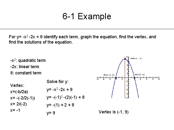 6 -1 Example For y= -x 2 -2 x + 8 identify each term,