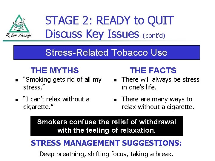 STAGE 2: READY to QUIT Discuss Key Issues (cont’d) Stress-Related Tobacco Use THE MYTHS