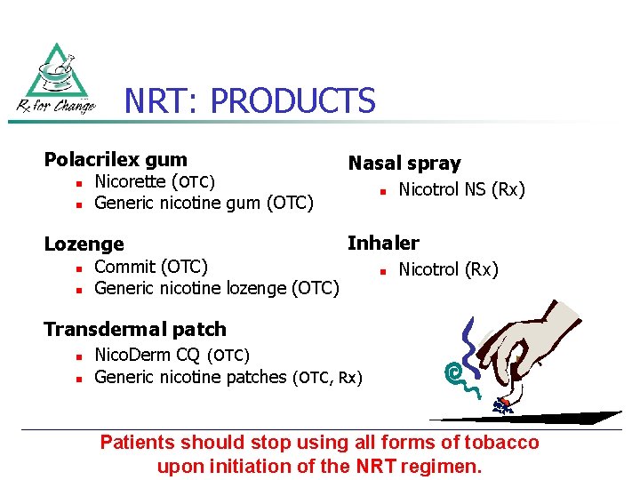 NRT: PRODUCTS Polacrilex gum n n Nicorette (OTC) Generic nicotine gum (OTC) Lozenge n