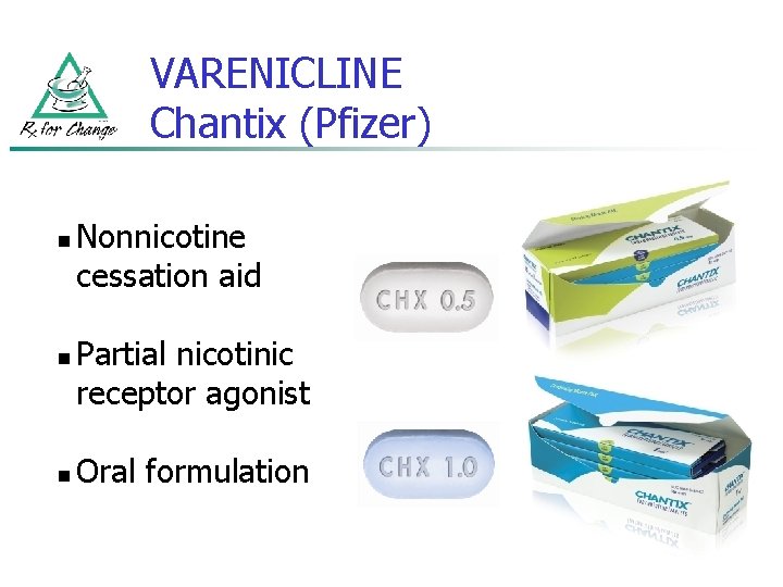 VARENICLINE Chantix (Pfizer) n n n Nonnicotine cessation aid Partial nicotinic receptor agonist Oral