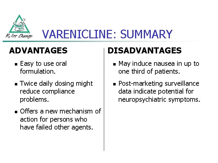 VARENICLINE: SUMMARY ADVANTAGES n n n Easy to use oral formulation. Twice daily dosing
