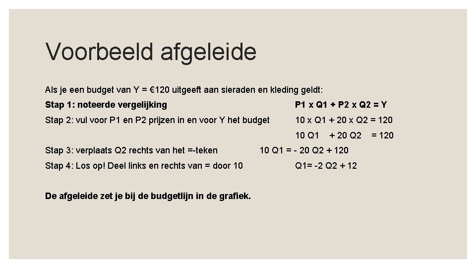 Voorbeeld afgeleide Als je een budget van Y = € 120 uitgeeft aan sieraden