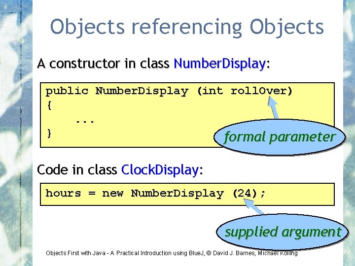 Objects referencing Objects A constructor in class Number. Display: public Number. Display (int roll.