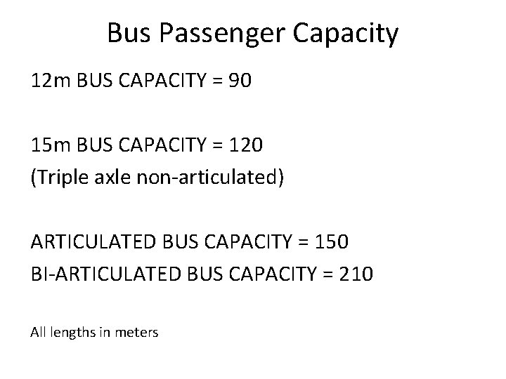 Bus Passenger Capacity 12 m BUS CAPACITY = 90 15 m BUS CAPACITY =