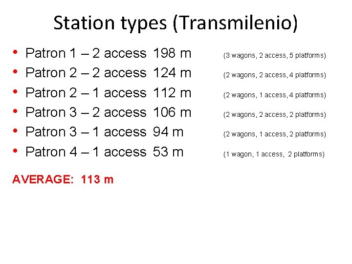 Station types (Transmilenio) • • • Patron 1 – 2 access Patron 2 –
