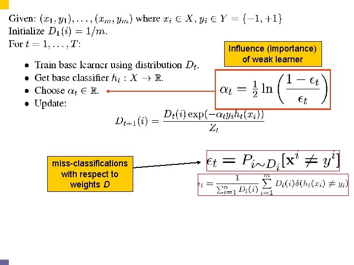 Influence (importance) of weak learner miss-classifications with respect to weights D 