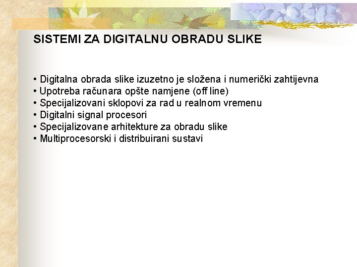 SISTEMI ZA DIGITALNU OBRADU SLIKE • Digitalna obrada slike izuzetno je složena i numerički