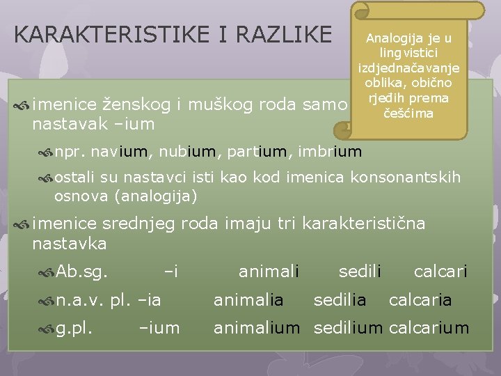 KARAKTERISTIKE I RAZLIKE imenice ženskog i muškog roda samo nastavak –ium Analogija je u