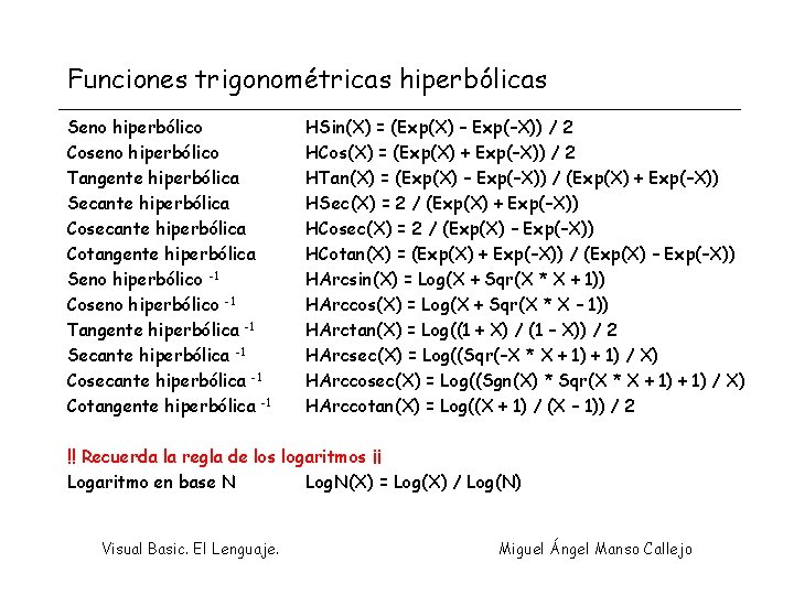 Funciones trigonométricas hiperbólicas Seno hiperbólico Coseno hiperbólico Tangente hiperbólica Secante hiperbólica Cosecante hiperbólica Cotangente