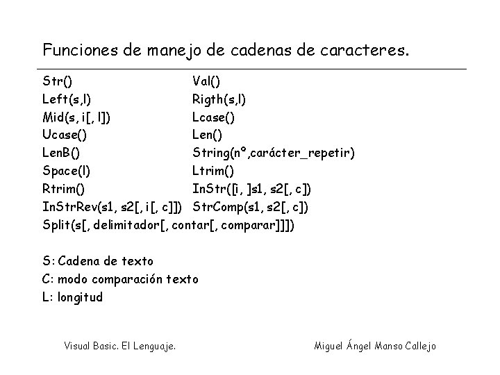 Funciones de manejo de cadenas de caracteres. Str() Val() Left(s, l) Rigth(s, l) Mid(s,