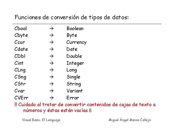 Funciones de conversión de tipos de datos: Cbool Boolean Cbyte Byte Ccur Currency Cdate