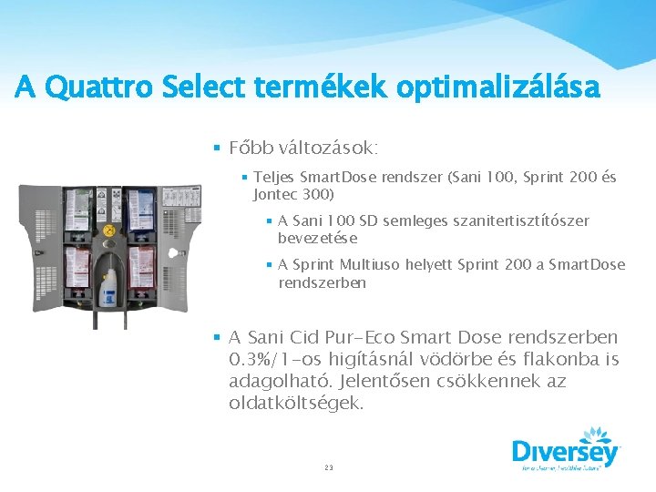 A Quattro Select termékek optimalizálása § Főbb változások: § Teljes Smart. Dose rendszer (Sani