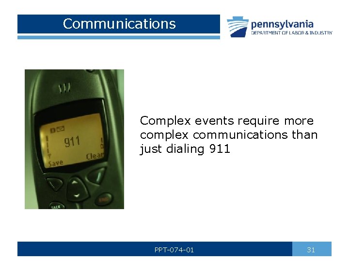 Communications Complex events require more complex communications than just dialing 911 PPT-074 -01 31