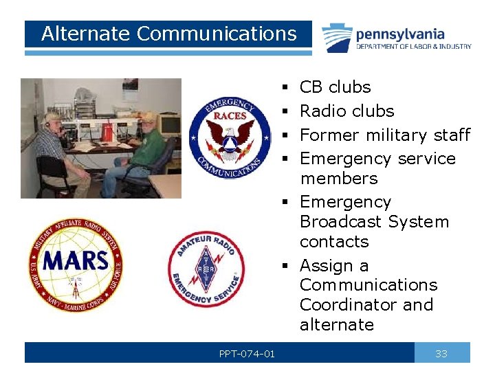 Alternate Communications CB clubs Radio clubs Former military staff Emergency service members § Emergency