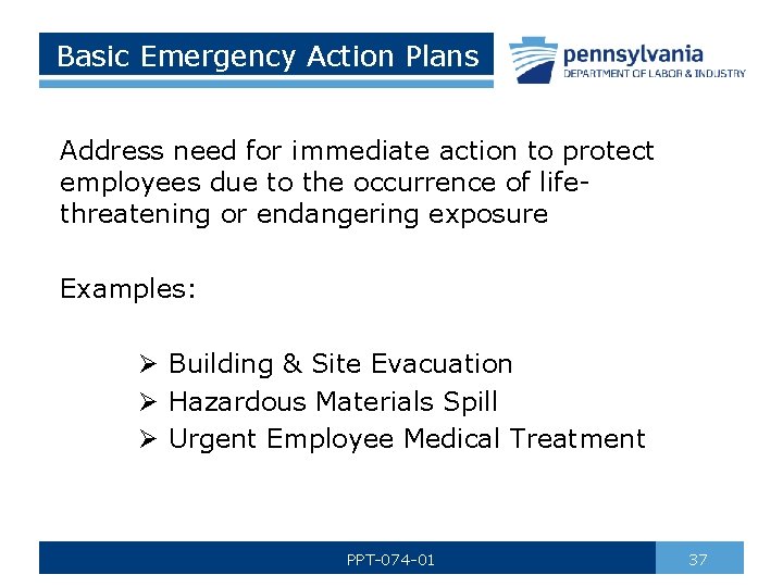 Basic Emergency Action Plans Address need for immediate action to protect employees due to