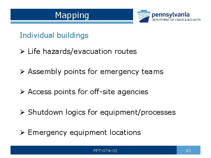 Mapping Individual buildings Ø Life hazards/evacuation routes Ø Assembly points for emergency teams Ø