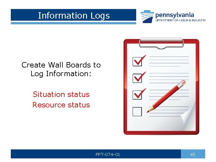 Information Logs Create Wall Boards to Log Information: Situation status Resource status PPT-074 -01