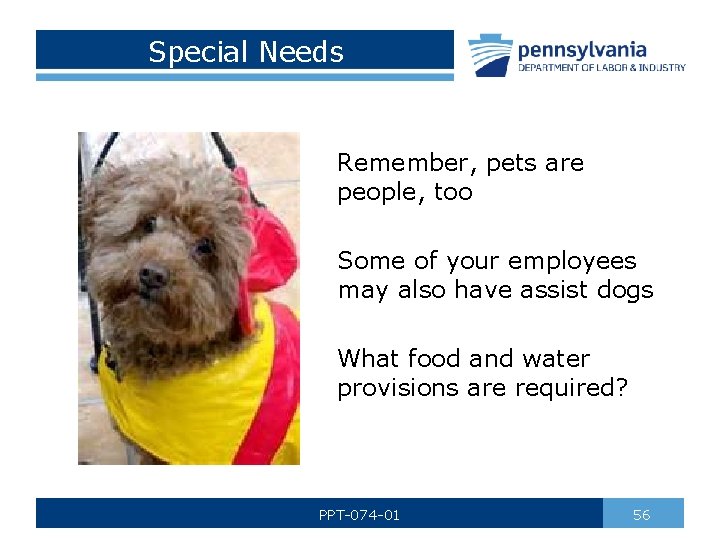 Special Needs Remember, pets are people, too Some of your employees may also have