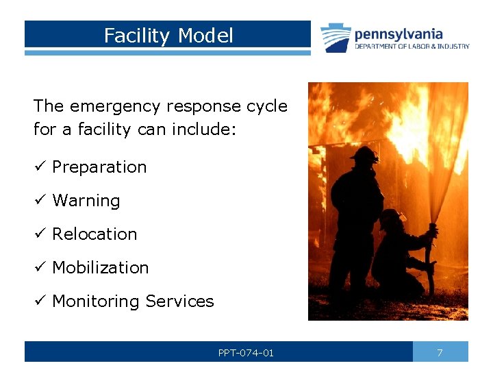 Facility Model The emergency response cycle for a facility can include: ü Preparation ü