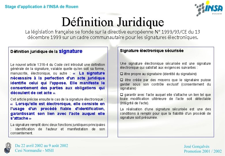 Définition Juridique La législation française se fonde sur la directive européenne N° 1999/93/CE du