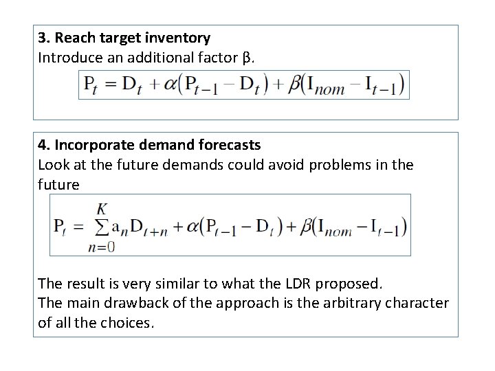 3. Reach target inventory Introduce an additional factor β. 4. Incorporate demand forecasts Look