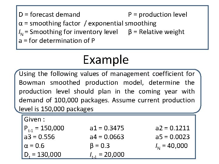 D = forecast demand P = production level α = smoothing factor / exponential