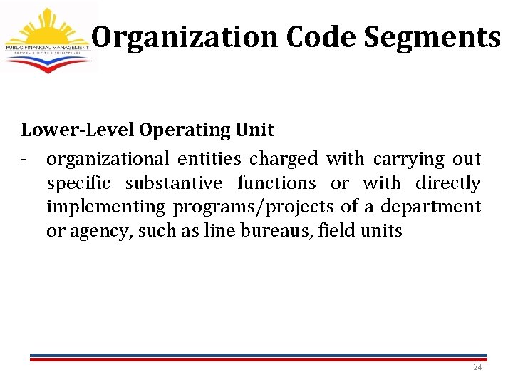 Organization Code Segments Lower-Level Operating Unit - organizational entities charged with carrying out specific Organization Code Segments Lower-Level Operating Unit - organizational entities charged with carrying out specific