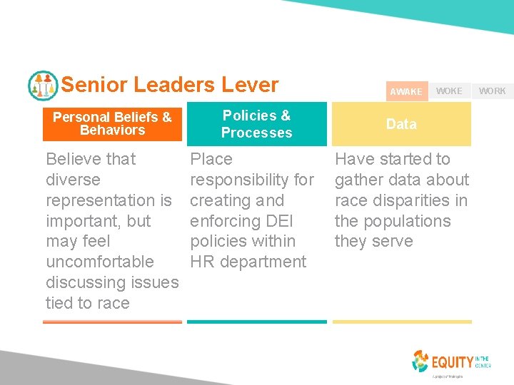 Senior Leaders Lever 20 Personal Beliefs & Behaviors Policies & Processes Believe that diverse